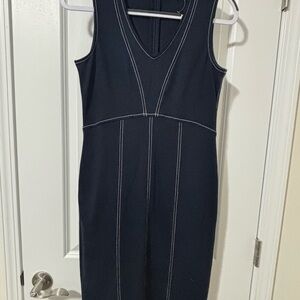 Ann Taylor Navy Midi Sheath Dress with White Contrast Stitching